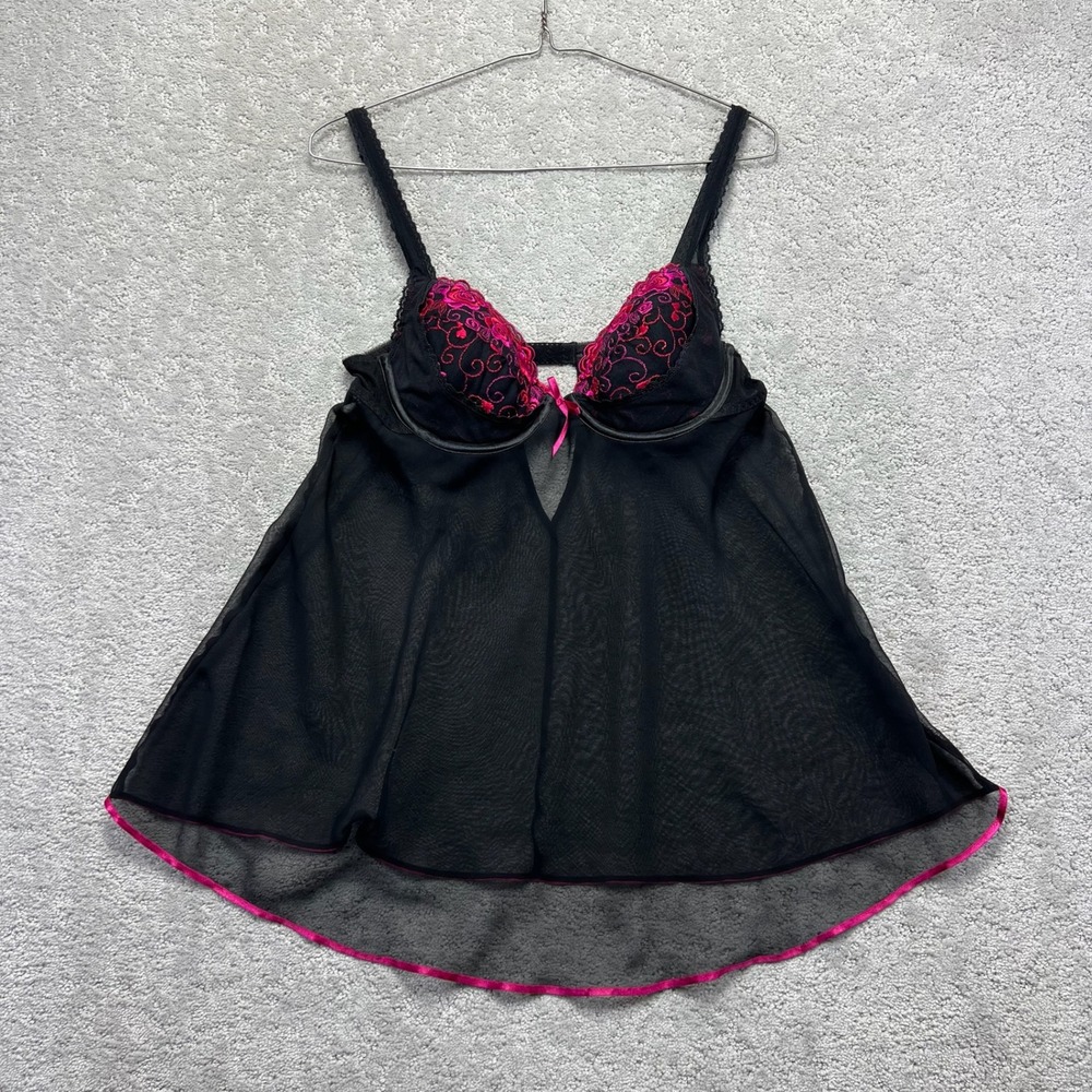 Fantasies Morgan Taylor Lingerie M Black‎ Pink Floral Embroidered Mesh Babydoll